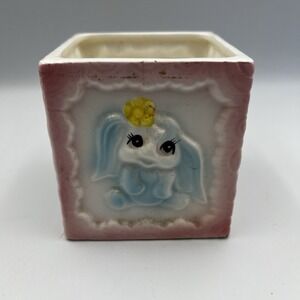 Vintage MCM Pastel Pink Baby Block Nursery Bear Bunny Lamb Planter Ceramic Japan